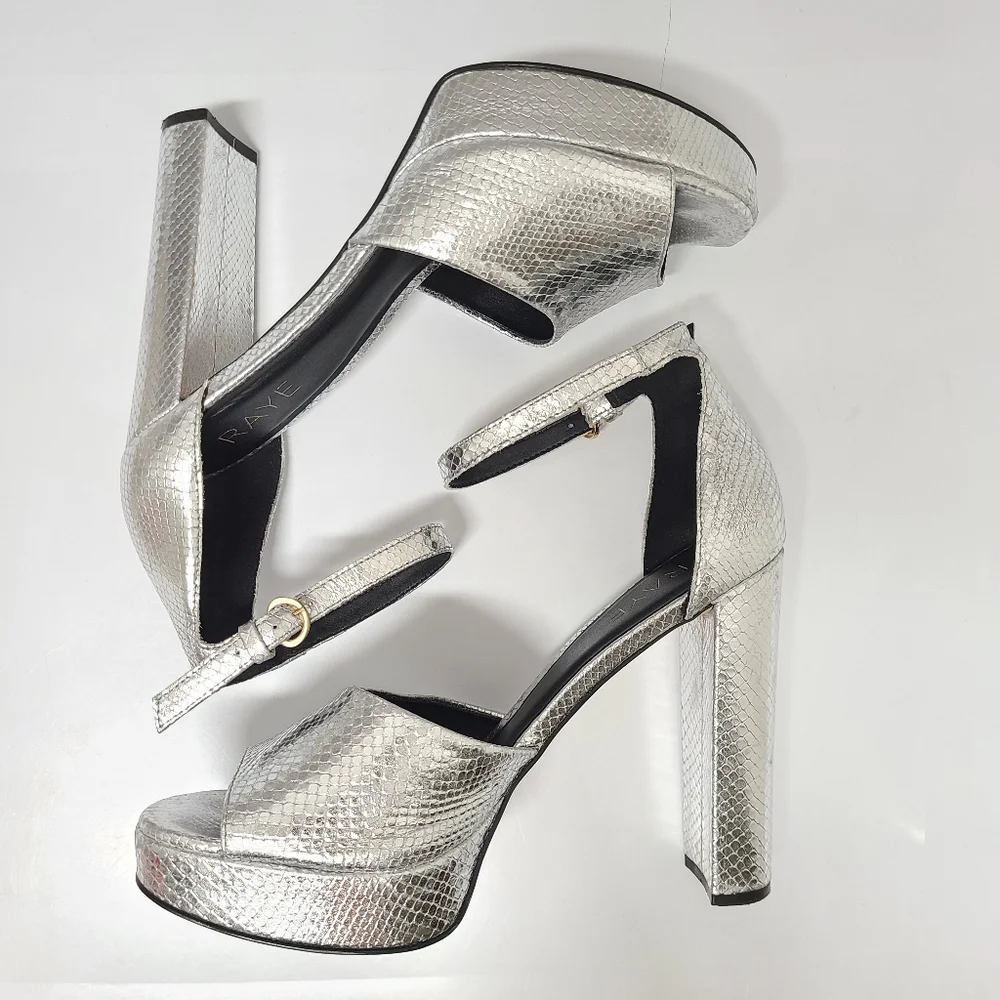 RAYE Dune Metallic Silver Snakeskin Embossed Leather Platform Heels Sz 10
